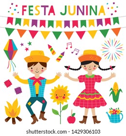 Festa Junina, traditional Brazil June party, vector dancing couple and decoration, 