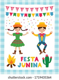 Festa Junina, traditional Brazil June party celebration, a dancing couple, vector poster design