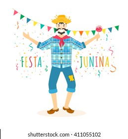 Festa Junina traditional Brazilian celebration, vector illustration. Latin American traditional june festival. Rural guy in plaid shirt with apple caramel candy in hand dancing. Festa junina card