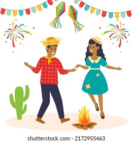 Festa Junina traditional brazilian festival. Dancing people, festive fireworks. Vector illustration.