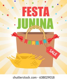 Festa Junina traditional Brazilian June folklore party festival. A paper bag on the background of the sun, decorated with red ribbons and flags. Sale shopping. Vector illustration.