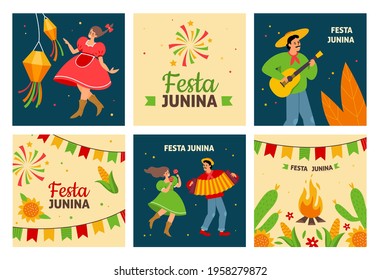 Festa junina. Traditional latin american fertility festival, dancing pueblos people with instruments in traditional costumes, village holiday fair. Festive square posters vector cards set