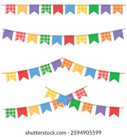 Festa Junina Translated Junine Party. Colorful Buntings Vector. Plaid Fabric.