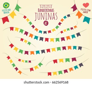 Festa Junina - Translation: Little June Party Flags, made in Brazil with love. Various disposals vivid colorful flags in  flat vector for festive theme