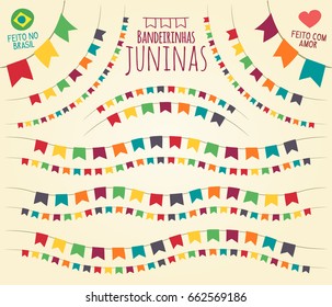 Festa Junina - Translation: Little June Party Flags, made in Brazil with love. Various disposals vivid colorful flags in  flat vector for festive theme