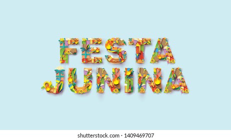 Festa Junina typography festival design on paper art and flat style with Party Flags and Paper Lantern. - Vector