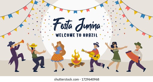 Festa Junina. Vector Brazilian Traditional Celebration. People dancing with bonfire, man and woman dance. Latin American holiday, the June party of Brazil. Festive illustration template banner.