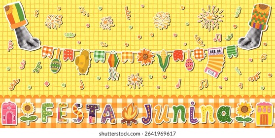 Festa Junina Vector Bunting Collage, Brazilian Banner with Flags, Straw Hat, Corn, Sunflower, Accordion