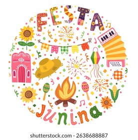 Festa Junina vector circle design, banner, poster with accordion, sunflower, straw hat and festive Brazilian illustrations