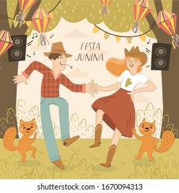 Festa Junina! Vektorillustration süße Illustration von tanzenden Mann und Frau, Eichhörnchen, Papier-Laternen, Festmusik. Viele Bauern feiern traditionelle brasilianische Feiertage. Zeichnung für Karte, Poster, Postkarte