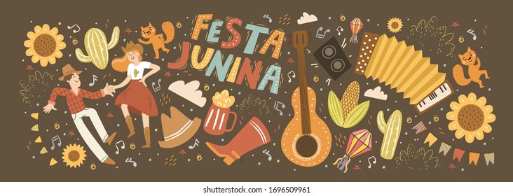 Festa Junina! Vector cute illustration of Brazilian Latin American festival. Set of people, guitar, dance, flashlight, accordion, sunflower and objects. Drawings for banner, card, poster, postcard