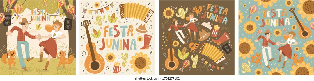 Festa Junina! Vector cute illustration of dancing man and woman, squirrels, paper lanterns, festive music. Couple of farmers celebrate traditional Brazilian holiday. Drawing for card, poster, postcard