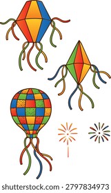 FESTA JUNINA VECTOR ELEMENTS SET WITH COLORFUL TRADITIONAL PAPER BALLOONS AND FIREWORKS ISOLATED ON WHITE BACKGROUND. BRAZILIAN JUNE FESTIVAL DECORATION GRAPHIC SYMBOLS