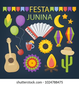 Festa Junina vector flat icon set, party celebration collection of flat design of food, music instruments, lanterns and garlands isolated on the dark background, vector illustration