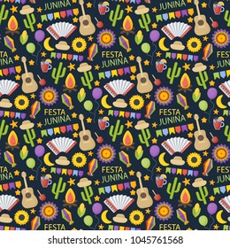 Festa Junina vector flat seamless pattern, party celebration collection of flat design of food, music instruments, lanterns and garlands on the dark background, vector illustration