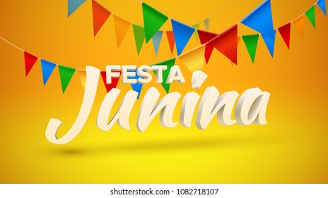 Festa Junina. Vector holiday illustration. 3d text on yellow and bunting flags on orange background. Brazilian or Latin american festive event. Party invitation poster