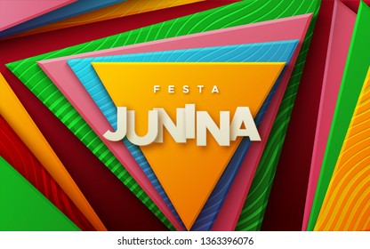 Festa Junina. Vector holiday illustration. Abstract background with multicolored geometric shapes textured with wavy patterns. Brazilian festive event. Party invitation poster