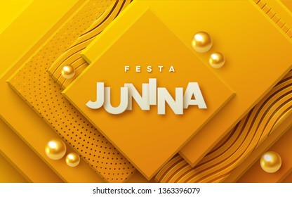 Festa Junina. Vector holiday illustration. Abstract background with orange geometric planes textured with golden patterns and spheres. Brazilian festive event. Party invitation poster