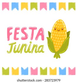 Festa junina - vector illustration. Brazil national holiday. Hand drawn cartoon image. Corn character.