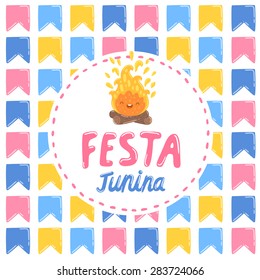 Festa junina - vector illustration. Brazil national holiday. Hand drawn cartoon image. Fire character.