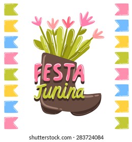 Festa junina - vector illustration. Brazil national holiday. Hand drawn cartoon image.Boot with flowers.