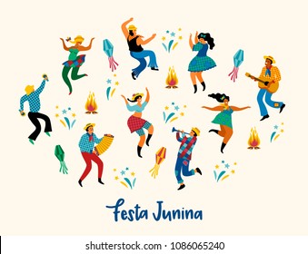 Festa Junina. Vector illustration of funny dancing men and women in bright costumes. Latin American holiday, the June party of Brazil.