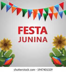 Festa junina vector illustration with guitar, colorful party flag and paper lantern