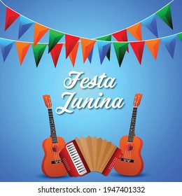 Festa junina vector illustration with guitar, colorful party flag and paper lantern