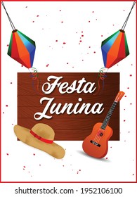 Festa junina vector illustration with guitar, colorful party flag and paper lantern