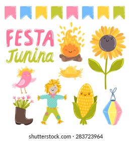 Festa junina vector illustrations. Fire, sunflower, bird, flowers, hat, boot, corn, lantern and scarecrow.