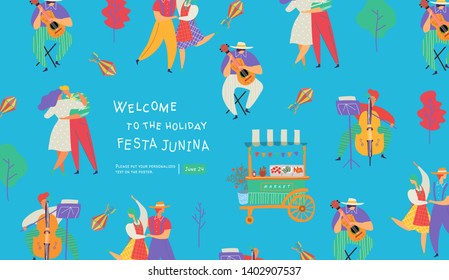 Festa Junina, Vector illustrations for poster, abstract banner, background or card for the brazilian holiday, festival, party and event, drawings of dancing cheerful people, musicians and market