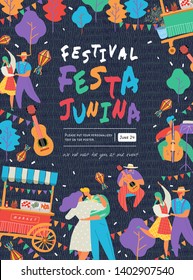 Festa Junina, Vector illustrations for poster, abstract banner, background or card for the brazilian holiday, festival, party and event, drawings of dancing cheerful people, musicians and market