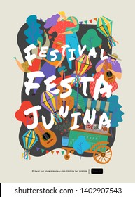 Festa Junina, Vector illustrations for poster, abstract banner, background or card for the brazilian holiday, festival, party and event, drawings of dancing cheerful people, musicians and shops