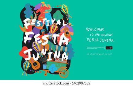 Festa Junina, Vector illustrations for poster, abstract banner, background or card for the brazilian holiday, festival, party and event, drawings of dancing cheerful people, musicians and shops