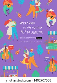 Festa Junina, Vector illustrations for poster, abstract banner, background or card for the brazilian holiday, festival, party and event, drawings of dancing cheerful people, musicians and market