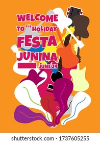 Festa Junina, Vector illustrations for poster, abstract banner, background or card for the brazilian holiday, festival, party and event, drawings of dancing cheerful people, musicians and shops