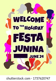 Festa Junina, Vector illustrations for poster, abstract banner, background or card for the brazilian holiday, festival, party and event, drawings of dancing cheerful people, musicians and shops