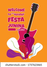 Festa Junina, Vector illustrations for poster, abstract banner, background or card for the brazilian holiday, festival, party and event, drawings of dancing cheerful people, musicians and shops