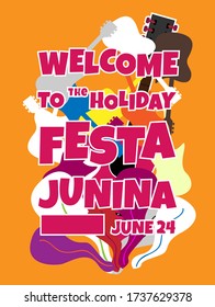 Festa Junina, ilustraciones vectoriales para afiches, pancartas abstractas, antecedentes o tarjeta para la festividad, festival, fiesta y evento brasileños, dibujos de gente alegre bailando, músicos y tiendas
