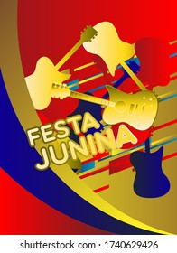Festa Junina, Vector Illustrationen für Poster, abstrakte Banner, Hintergrund oder Karte für den brasilianischen Urlaub, Festival, Party und Veranstaltung, goldene Gitarre, Musiker und Geschäfte