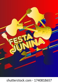 Festa Junina, Vector illustrations for poster, abstract banner, background or card for the brazilian holiday, festival, party and event, golden guitar, musicians and shops