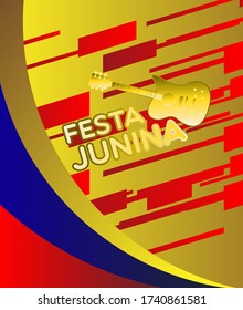 Festa Junina, Vector illustrations for poster, abstract banner, background or card for the brazilian holiday, festival, party and event, golden guitar, musicians and shops