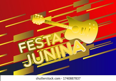 Festa Junina, ilustraciones vectoriales para afiches, banner abstracto, antecedentes o tarjeta para la fiesta brasileña, festival, fiesta y evento, guitarra dorada, músicos y tiendas