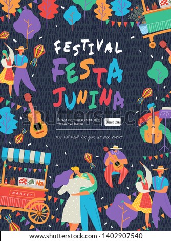 Festa Junina, Vector illustrations for poster, abstract banner, background or card for the brazilian holiday, festival, party and event, drawings of dancing cheerful people, musicians and market