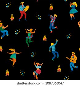 Festa Junina. Vector seamless pattern with dancing men and women in bright costumes. Latin American holiday, the June party of Brazil.