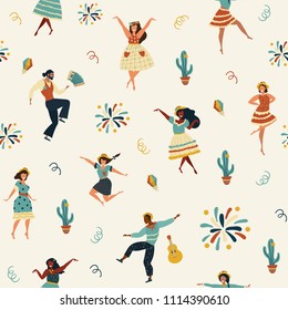 Festa Junina. Vector seamless pattern with flat characters.Flat design.