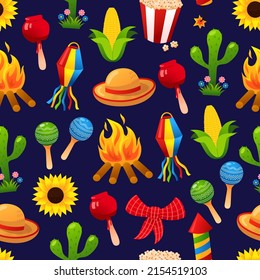 Festa Junina vector seamless pattern, collection of cartoon design of festival food, music instruments, lanterns on the dark background. Vector illustration for Latin American holiday. 