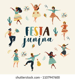 Festa Junina. Vector set with flat characters. Latin American holiday. 