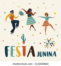 Festa Junina. Vector set with flat characters. Latin American holiday. 