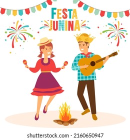 Festa Junina. Vector templates for Brazil june party. Brazilian symbols of guitar, bonfire, fun dancing people, festive fireworks.